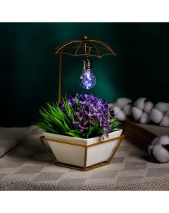 Горшок на подставке с синей подсветкой, керамический, 270 мл, 22×10×10 см, на батарейках AG3 (3 шт. в комплекте), белый на золотой подставке Take it easy