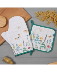 Набор кухонный «. Полевые цветы»: варежка-прихватка 20×28 см, прихватка 19×19 см,100% хлопок Этель