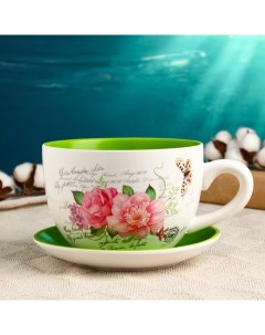 Горшок для цветов в форме чашки «Эмма: цветы» керамический, с поддоном, 1.3 л, 19×15×10 см, бело-зелёный с рисунком Greengo