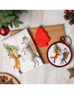 Набор подарочный новогодний «. Лесные звери»: полотенце 40×70 см, форма для выпекания, прихватка Этель