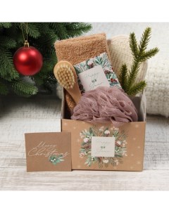 Набор новогодний подарочный «. Новый год: Happy New year», 5 предмета, полотенце 30×60 см, мочалка, щётка - массажёр Этель