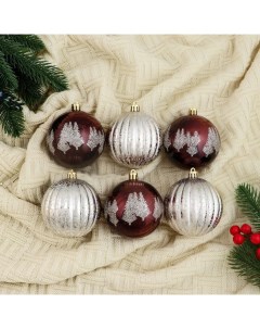 Ёлочные игрушки «Сказочные узоры» перья, полосы, шары новогодние, d=8 см, набор 6 шт., коричневый серебро Зимнее волшебство