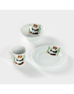 Набор посуды детский Добрушский завод «Панда», 3 предмета: кружка, миска, тарелка, фарфор, белый Добрушский фарфоровый завод