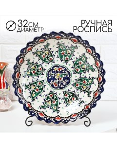 Ляган узбекский Риштанская Керамика «Цветы», d=32 см, глубокий, синий Шафран