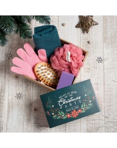 Новогодний подарочный набор «» Christmas party, 5 предметов, полотенце 30×60 см, мочалка, расчёска Этель