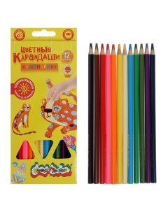 Карандаши цветные 12 цветов « ПРЕМИУМ», утолщённый стержень, СУПЕРМЯГКИЕ, деревянный трёхгранный корпус Каляка-маляка