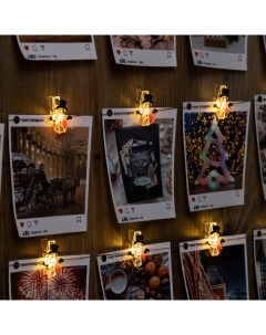 Гирлянда «Нить» 2 м роса с насадками «Прищепки-снеговик», IP20, серебристая нить, 20 LED, батарейки ААх2 (нет в комплекте), свечение тёплое белое Luazon lighting