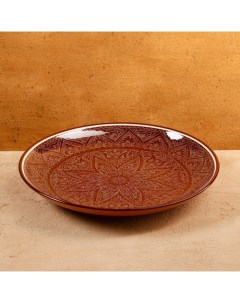 Ляган круглый, 31 см, риштанская роспись, коричневый Шафран