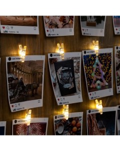 Гирлянда «Нить» 2 м роса с насадками «Прищепки», IP20, серебристая нить, 20 LED, свечение тёплое белое, ААх2 Luazon lighting