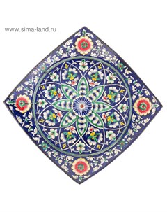 Ляган узбекский Риштанская Керамика «Узоры», 31×6 см, квадратный, синий Шафран