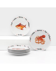 Набор тарелок Добрушский завод Sea life, 6 предметов, d=21 см, фарфор, рисунок микс, белый Добрушский фарфоровый завод