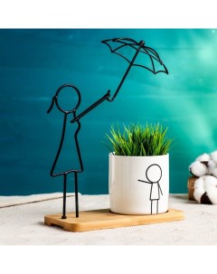 Горшок для цветов «Семья» керамический, 370 мл, 27×20×10 см, белый, на деревянной подставке, с металлической фигуркой Take it easy