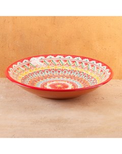 Ляган узбекский Риштанская Керамика «Цветы», d=33 см, глубокий, красный Шафран