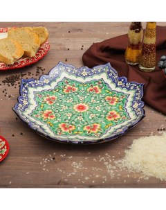 Ляган Риштанская Керамика "Цветы", 32 см, сине-зелёный, рифлённый Шафран