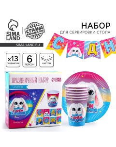Посуда одноразовая бумажная «Зайка», 6 тарелок, 6 стаканов, 1 гирлянда Страна карнавалия