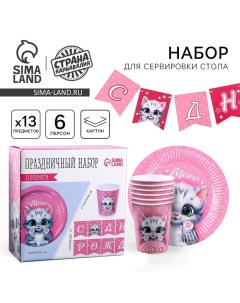 Одноразовая посуда «Котик»: 6 тарелок, 1 гирлянда, 6 стаканов Страна карнавалия