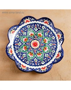 Ляган узбекский Риштанская Керамика «Цветы», d=32 см, синий, рифлённый Шафран
