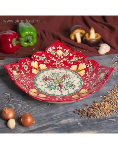Фруктовница узбекская Риштанская Керамика «Цветы», 33×6.5 см, квадратная, красная Шафран
