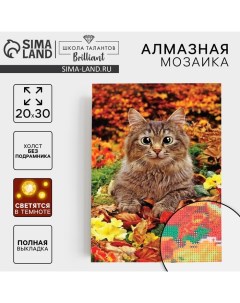 Алмазная мозаика с полным заполнением со светящимися стразами на холсте «Котик в листьях», 20 х 30 см Школа талантов