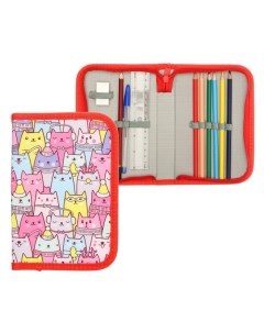 Пенал школьный "Котики", 13 х 19,5 см, на молнии, 1 секция, с наполнением, ткань Calligrata