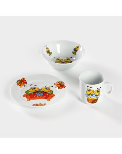 Набор посуды детский Добрушский завод «Пчёлы», 3 предмета: кружка 200 мл, салатник 350 мл, тарелка d=16.5 см, белый, рисунок МИКС Добрушский фарфоровый завод