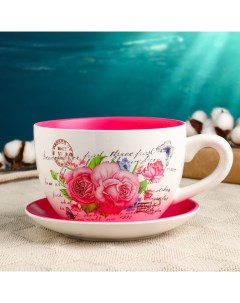 Горшок для цветов «Эмма», 1.3 л, 19×15×10 см, керамика, с поддоном, белый, розовый Greengo