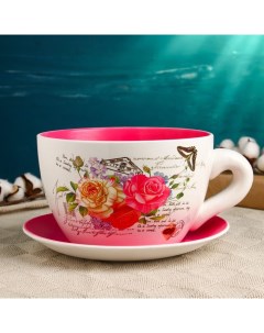 Горшок для цветов в форме чашки «Блум: розы» керамический, с поддоном, 2.2 л, 19×24×12 см, бело-розовый с рисунком Take it easy