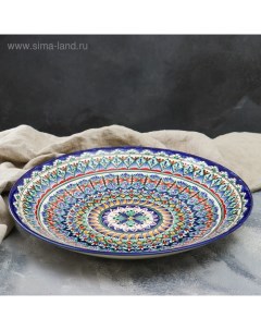 Ляган круглый Риштанская Керамика, 41см, сине-красный, мелкий орнамент Шафран