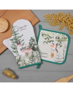 Набор кухонный «. Лесная сказка»: варежка-прихватка 20×28 см, прихватка 19×19 см,100% хлопок Этель