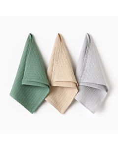 Набор кухонных полотенец «»: серый, зелёный, бежевый, 35×60 см-3 шт., 100% хлопок, крупная вафля, 220 г/м² Доляна
