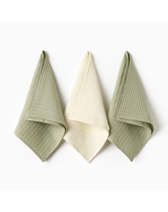 Набор кухонных полотенец «»: белый, оливковый, 35×60 см-3 шт., 100% хлопок, вафля, 220 г/м² Доляна
