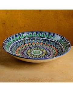 Ляган Риштанская Керамика "Узоры", 33 см, синий, глубокий Шафран