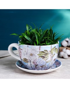 Горшок для цветов в форме чашки «Эмма: Корсика» керамический, с поддоном, 1.1 л, 19×15×10 см, бело-голубой с рисунком Take it easy