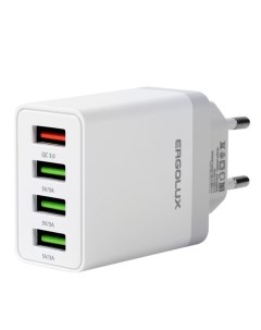 Сетевое зарядное устройство QC ERGOLUX ELX-PA02QC-C01, 4xUSB, 3A, 36Вт, быстрая зарядка, белое Ergolux