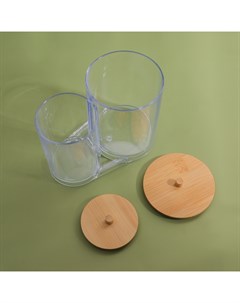 Органайзер для ватных палочек и дисков BAMBOO, с крышкой, 15.5×8.5×12 см, прозрачный, коричневый Qf
