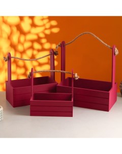 Набор деревянных кашпо «Аром», 3 шт., ручка - канат, бордовый Дарим красиво