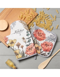 Набор кухонный «. Маковые поля»: варежка-прихватка 20×28 см, прихватка 19×19 см,100% хлопок Этель