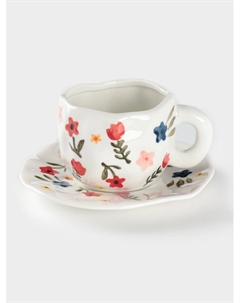 Чайная пара «Цветочная россыпь», чашка 320 мл, блюдце d=16 см, ручная роспись, керамика, белая Доляна