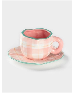 Чайная пара «Розовая клетка», чашка 310 мл, блюдце d=16 см, ручная роспись, керамика, белая Доляна