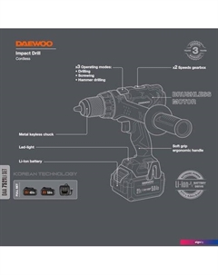 Ударная дрель-шуруповерт DAA 7521Li Set (с 2-мя АКБ, кейс) Daewoo power
