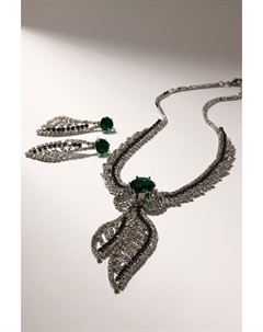 Набор 2 предмета: серьги, колье «Феникс» изгиб, цвет бело-изумрудный в серебре, 35 см Qf