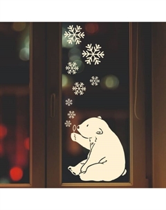 Интерьерная наклейка на окна «Мишка и снежинки», 40×47 см Houseinterio