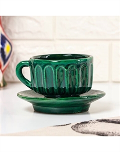Чайная пара Риштанская Керамика, 2 предмета: чашка 200 мл, блюдце, зелёная Шафран