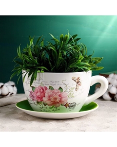 Горшок для цветов в форме чашки «Блум: цветы» керамический, с поддоном, 2.2 л, 19×24×12 см, бело-зелёный с рисунком Take it easy