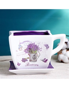 Декоративный горшок для цветов «Прованс», 800 мл, 17×13×11 см, керамика, с поддоном, белый, сиреневый Greengo