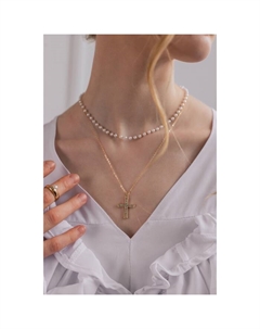 Кулон «Цепь» нить из жемчуга, крестик плавный, цвет белый в золоте, 35 см Qf