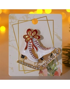 Брошь новогодняя «Коньки» с бантом, цвет красно-белый в золоте Qf