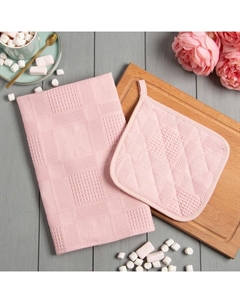 Набор кухонный Natural series: полотенце, прихватка, цвет розовый, 100% хлопок Этель