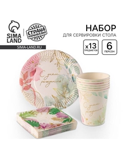 Набор посуды "С днём рождения", цветы, стаканы 6 шт., тарелки 6 шт, салфетки 20 шт. Страна карнавалия