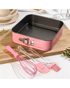 Набор для выпечки, 4 предмета: форма разъёмная «Элин. Квадрат», кисточка, лопатка, венчик, цвет розовый Доляна